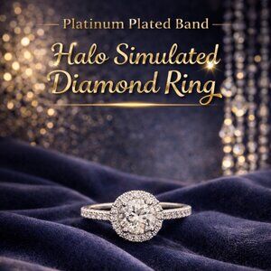 Simulated Diamond Halo Ring | Platinum Plated Band | Size 7 Classic Women’s Ring